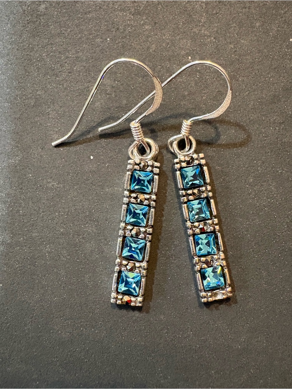 Vintage .925 Sterling Silver Marcasite & Blue Crystal Drop Earrings MC925